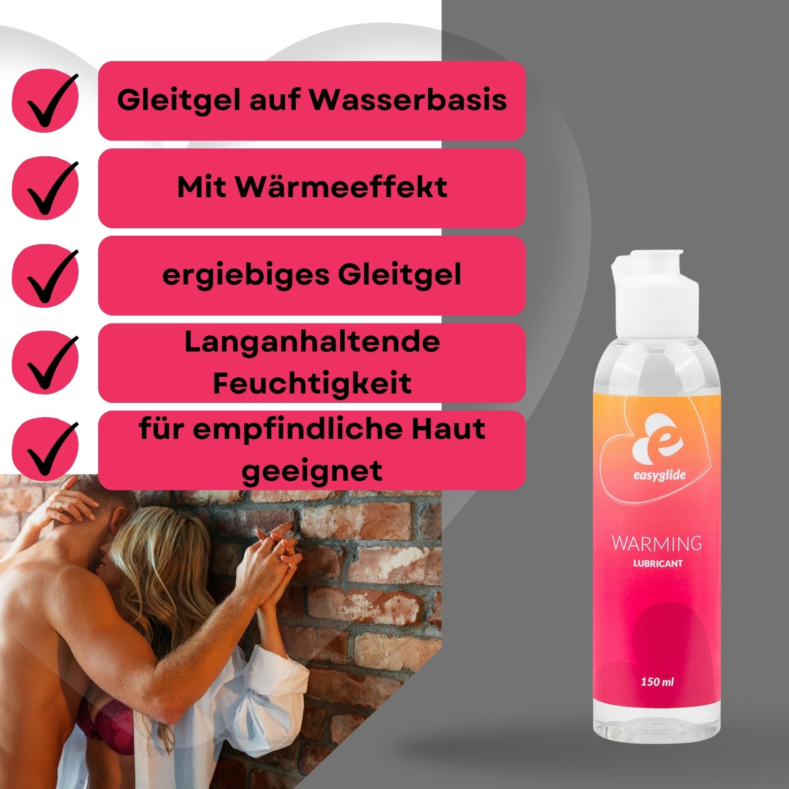 Easyglide-Flasche. Aufschrift: Warming Lubricant. 150 ml. Paar berührt sich.