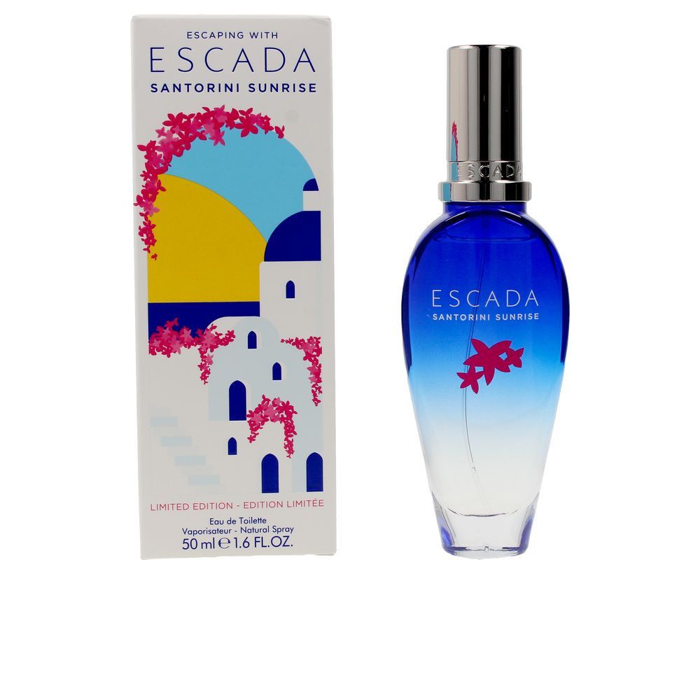Flakon und Verpackung von Escada Santorini Sunrise. Flakon blau-weiß, Verpackung mit Illustrationen und Schriftzug.