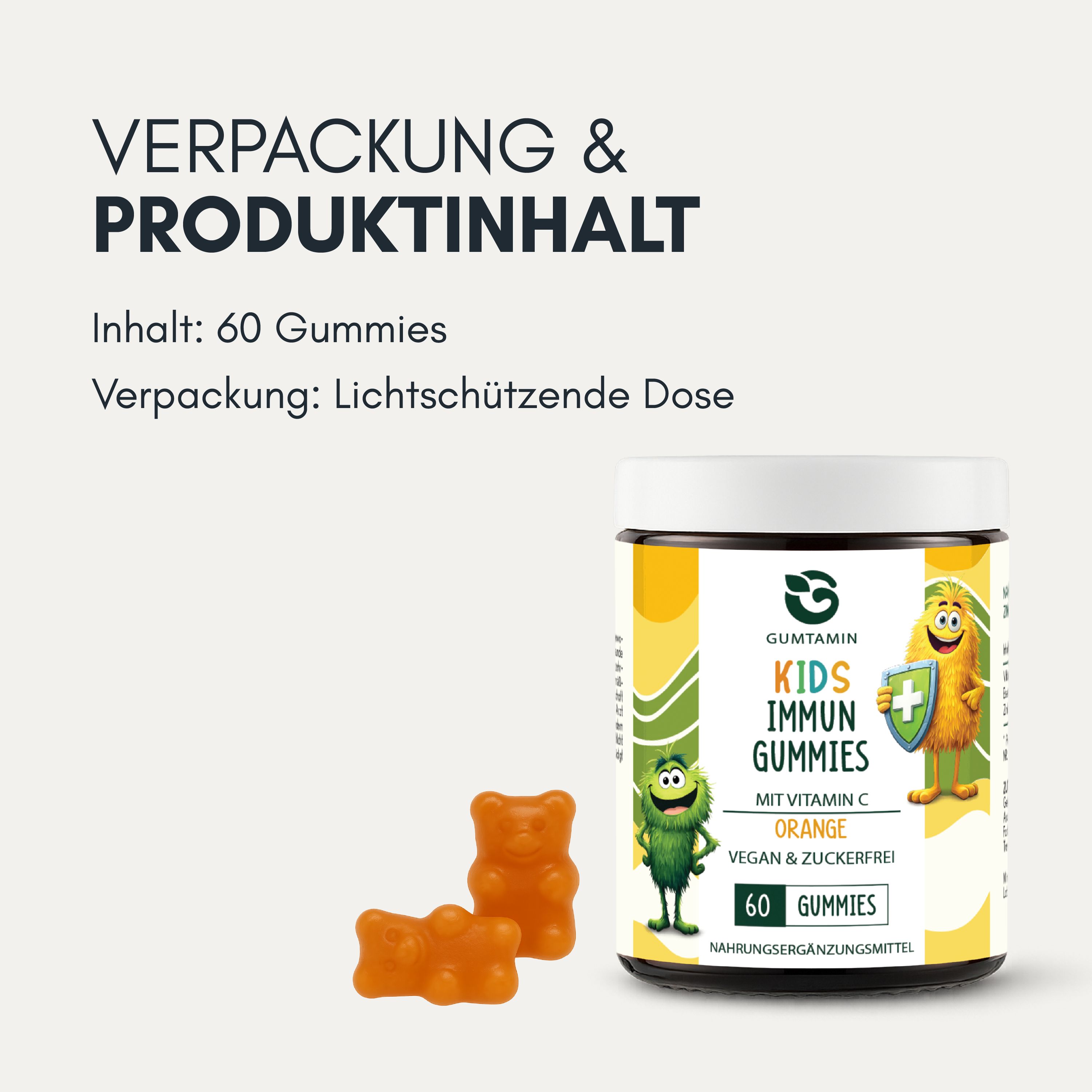 Verpackung & Produktinhalt: 60 Gummies. Verpackung: Lichtschützende Dose. Gumtamin Kinder Immun Gummies.