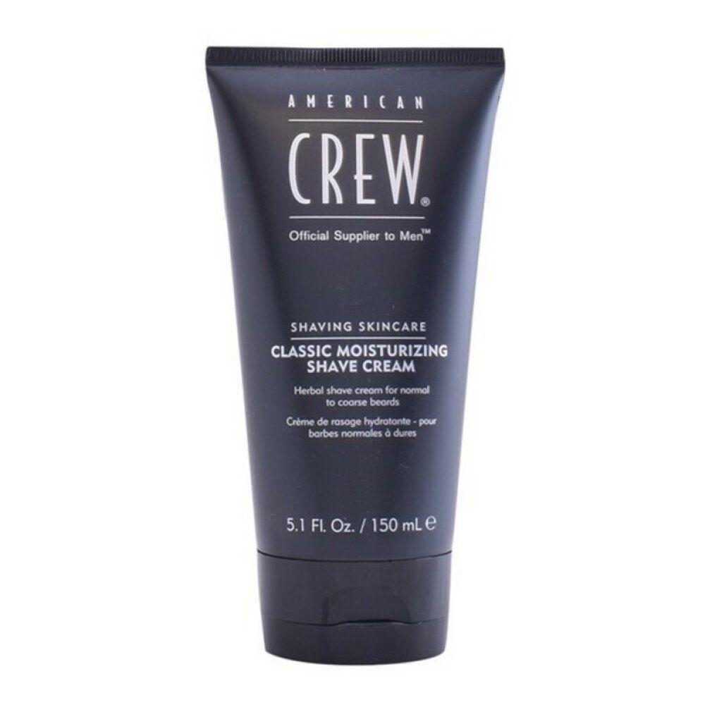 Schwarze Tube mit Aufschrift "AMERICAN CREW. Shaving Skincare Classic Moisturizing Shave Cream". 5.1 Fl. Oz. / 150 ml.
