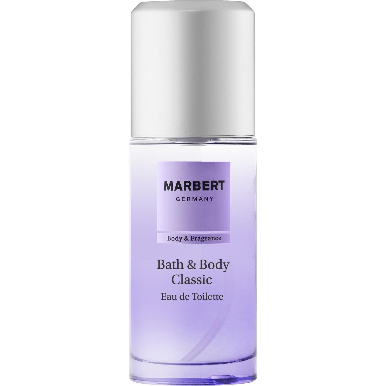 Marbert Bath & Body Classic Eau de Toilette. Flakon mit silbernem Deckel. Lila Farbverlauf. Schriftzug.