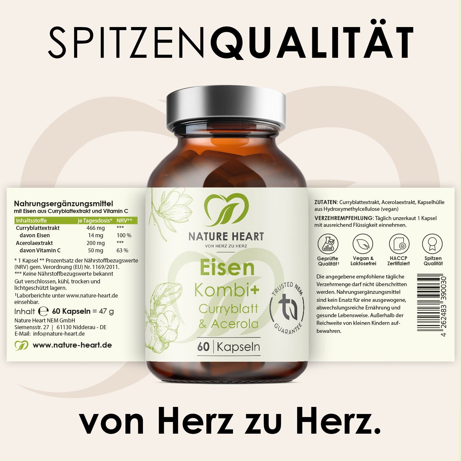 Nature Heart Eisen Kombi+ Curryblatt & Acerola Kapseln, 60 Stück.