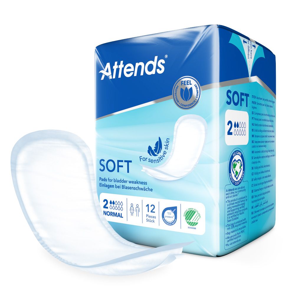 Attends Soft 2 Normal Einlagen. Packung mit 12 Einlagen. Eine Einlage liegt davor. Blaue Verpackung mit Produktinformationen und Logo.