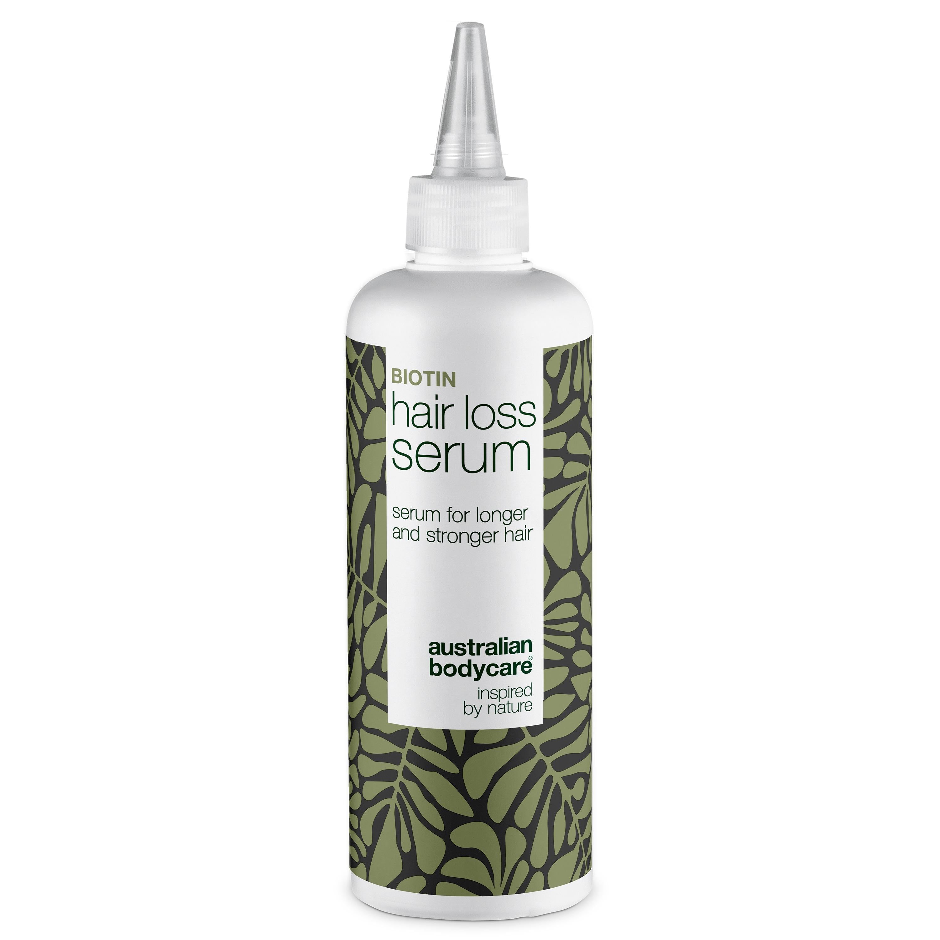 Weißes Serum mit Applikator. Aufschrift: Biotin Hair Loss Serum. Marke: Australian Bodycare.