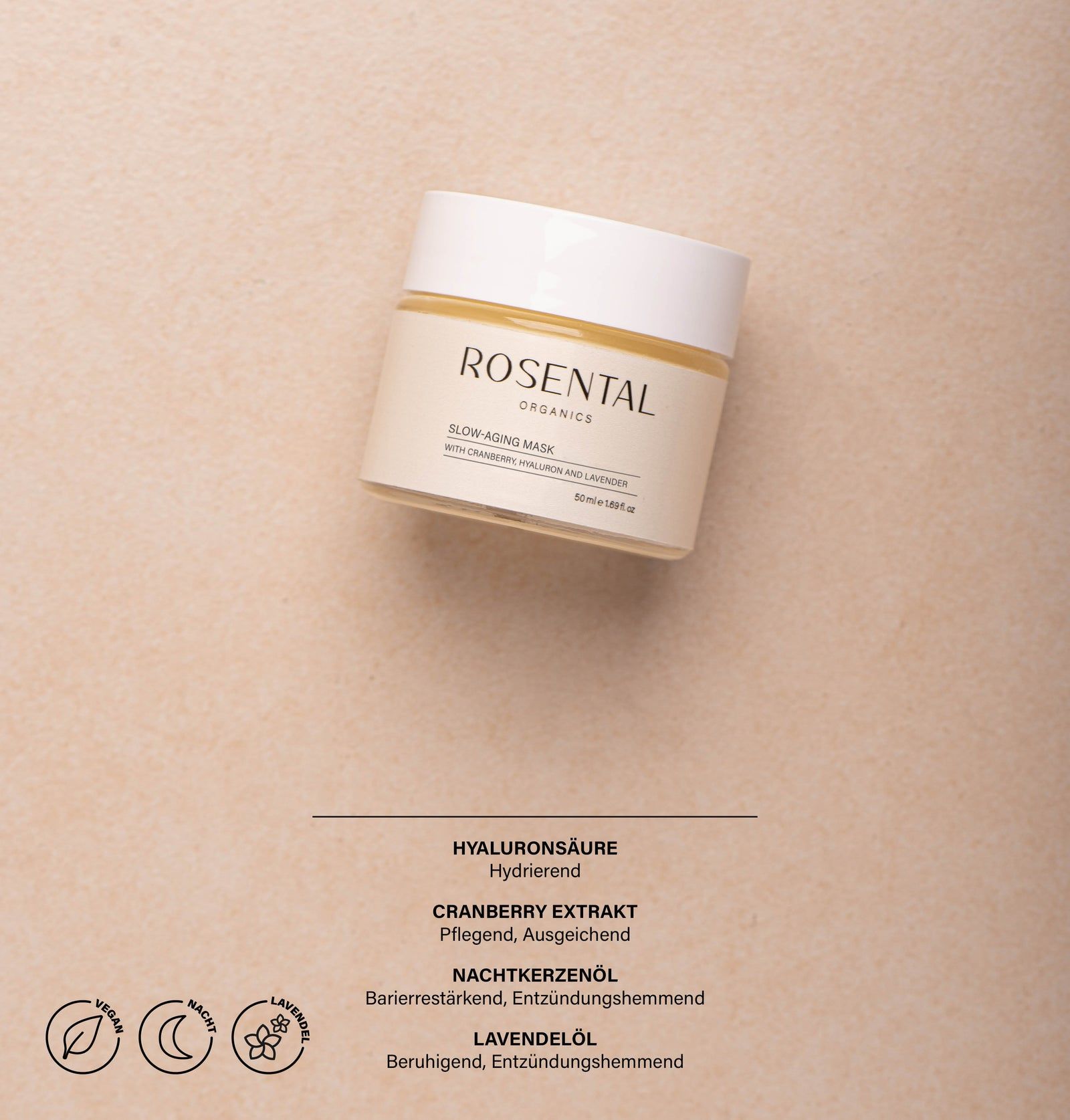 Produktverpackung von Rosental Organics Slow-Aging Mask. Text mit Inhaltsstoffen: Hyaluronsäure, Cranberry Extrakt, Nachtkerzenöl, Lavendelöl.