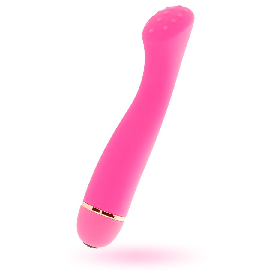Pinkfarbener Vibrator mit abgerundeter Spitze und goldfarbenem Ring am unteren Ende. Die Spitze ist mit kleinen Erhebungen versehen.