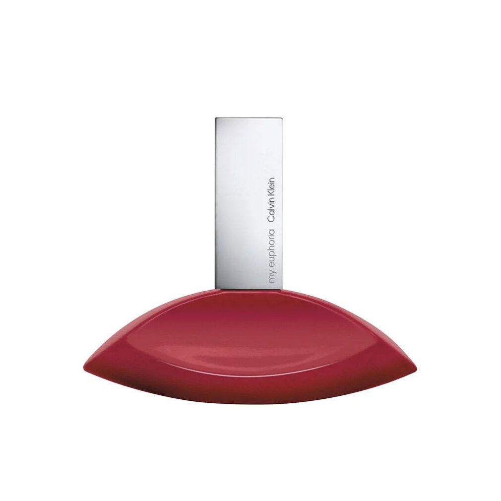 Roter Flakon mit silbernem Verschluss. Aufschrift: my euphoria Calvin Klein.