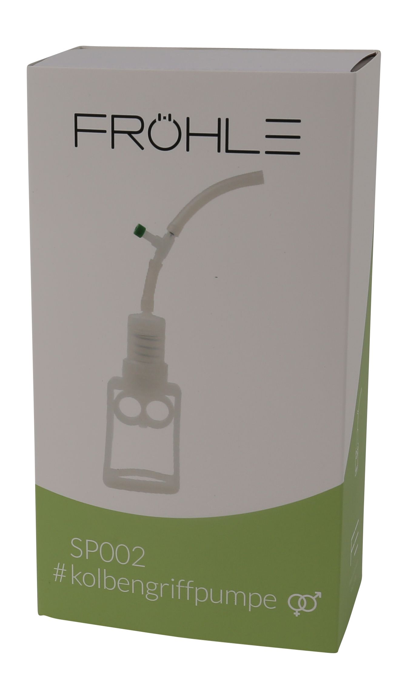 Weißes Kolbengriffpumpe mit Schlauch und Ventil, auf einer weißen und grünen Verpackung. Auf der Verpackung steht FRÖHLE.