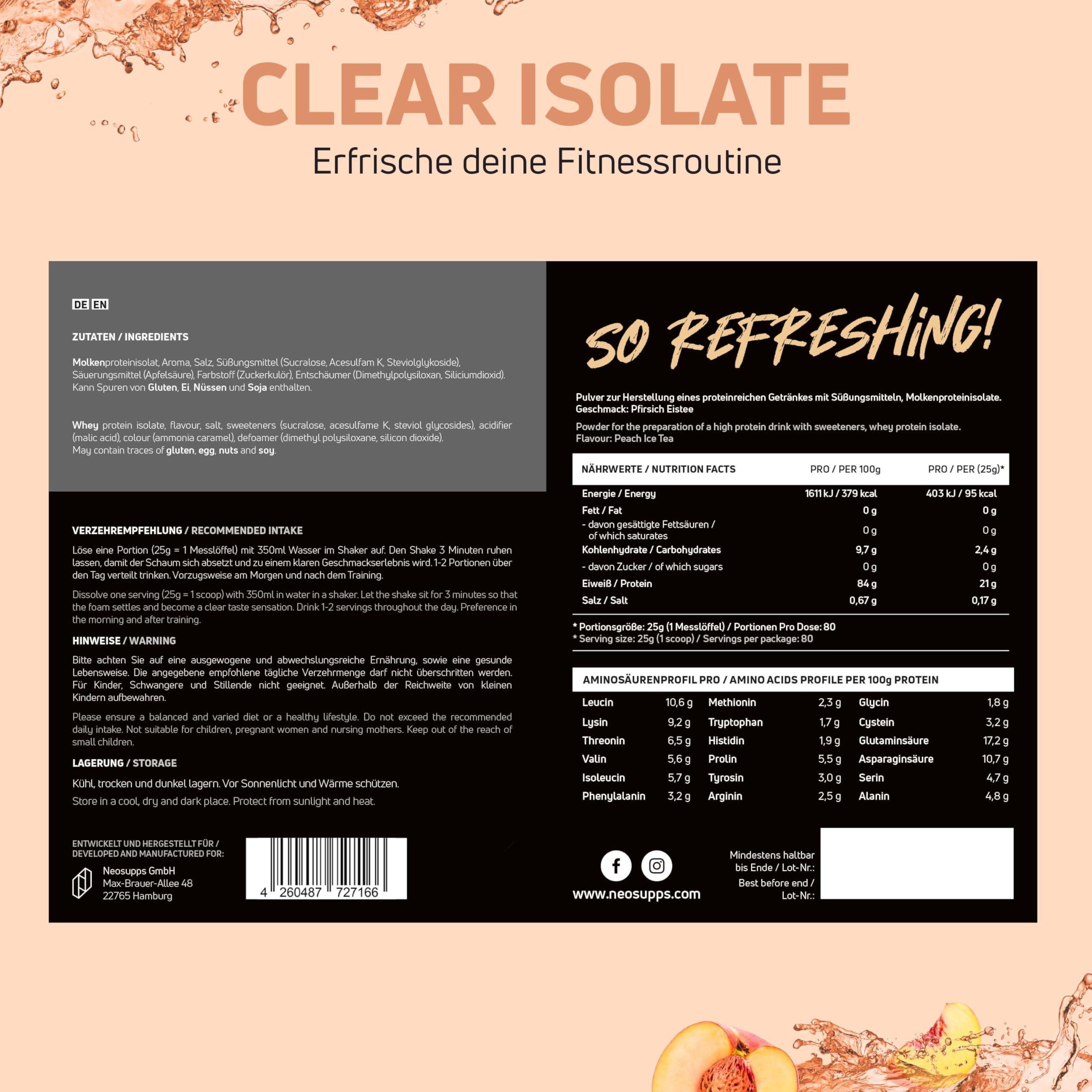 Neosupps Clear Whey Isolat 2000g,  Protein Pulver, Peach Ice Tea  Geschmack, Eiweißpulver