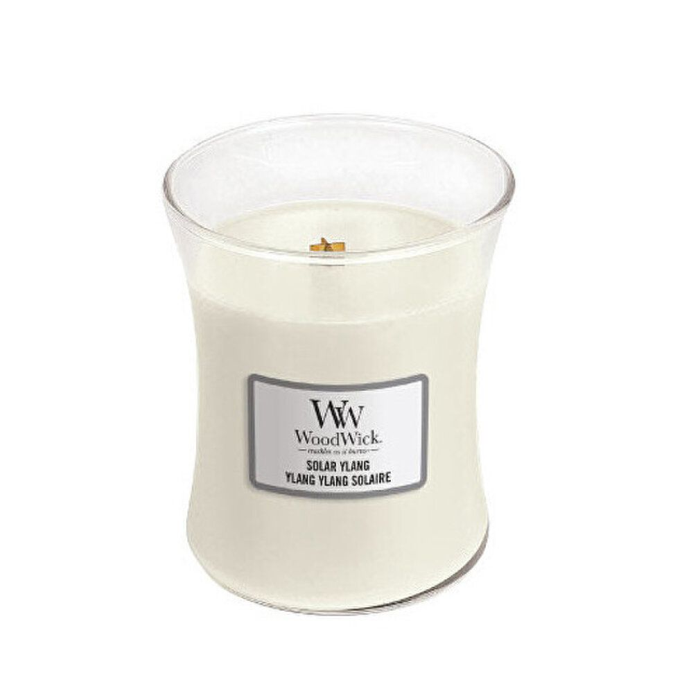 Sanduhrförmige Kerze ohne Deckel. Aufkleber mit 'WoodWick' und 'Solar Ylang'.