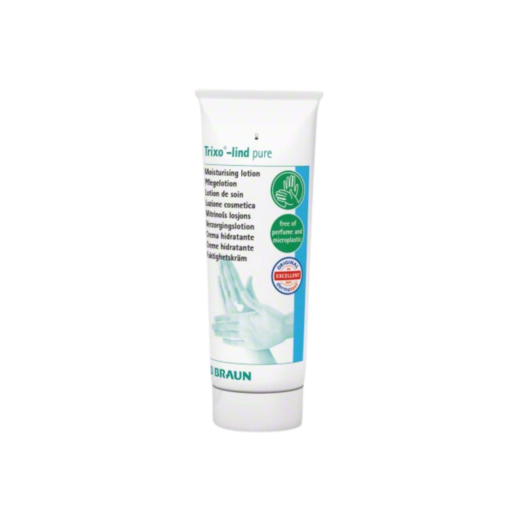 Weiße Tube mit blauer und grüner Beschriftung. Text: Trixo-lind pure, Moisturising lotion, free of perfume and microplastics. Marke: B. Braun.