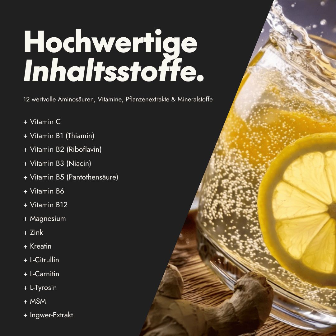 Text: Hochwertige Inhaltsstoffe. 12 Aminosäuren, Vitamine, Pflanzenextrakte & Mineralstoffe. Liste mit Vitaminen und Mineralien.