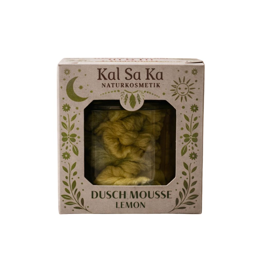 Verpackung mit Glasbehälter. Enthält gelbliche Duschmousse. Auf der Verpackung steht "KAL SA KA NATURKOSMETIK" und "DUSCH MOUSSE LEMON".