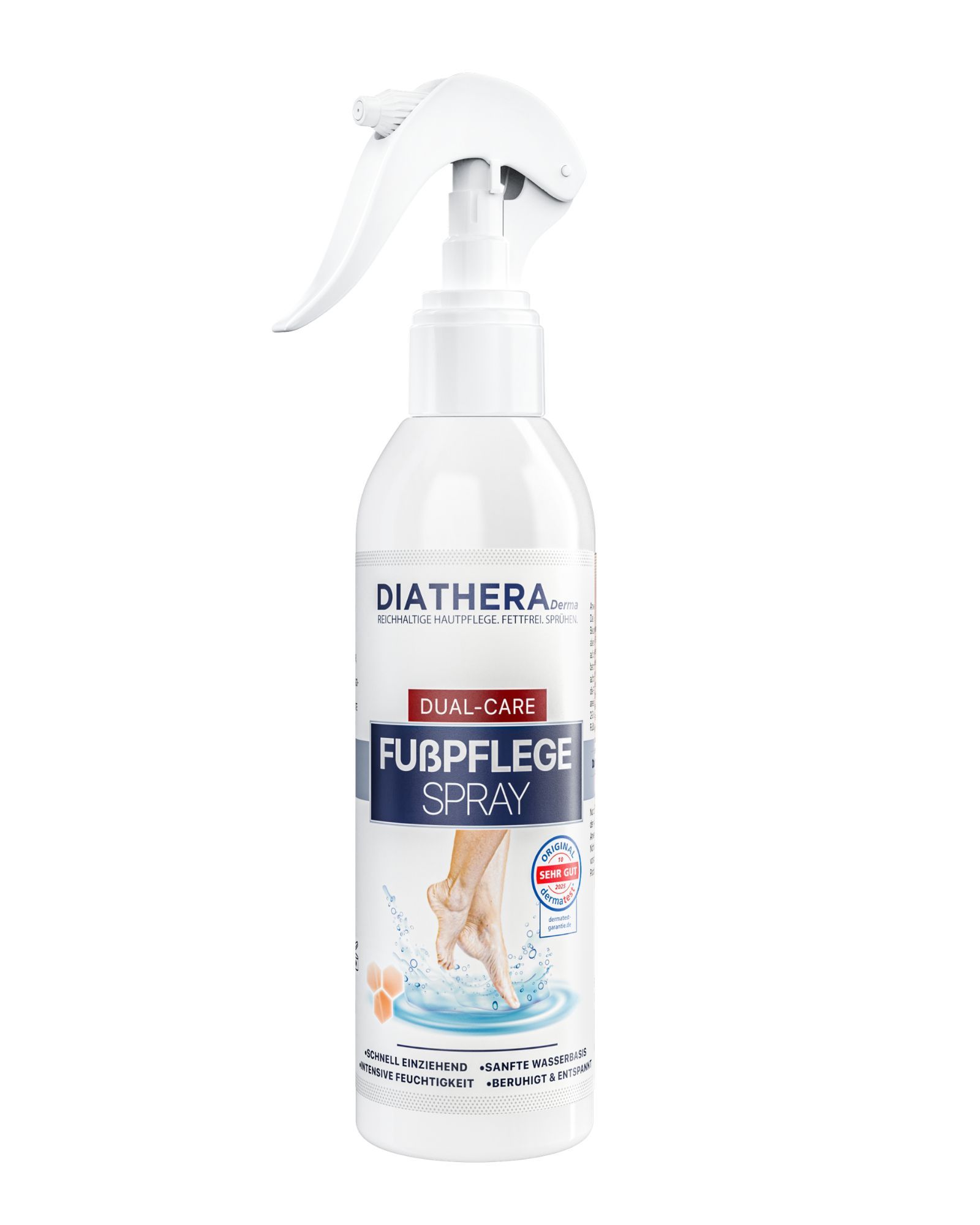 DIATHERA Derma Fußpflege-Spray Neutral: Flasche mit Sprühkopf, Etikett zeigt Fußpflege-Symbol und Inhaltsstoffe.