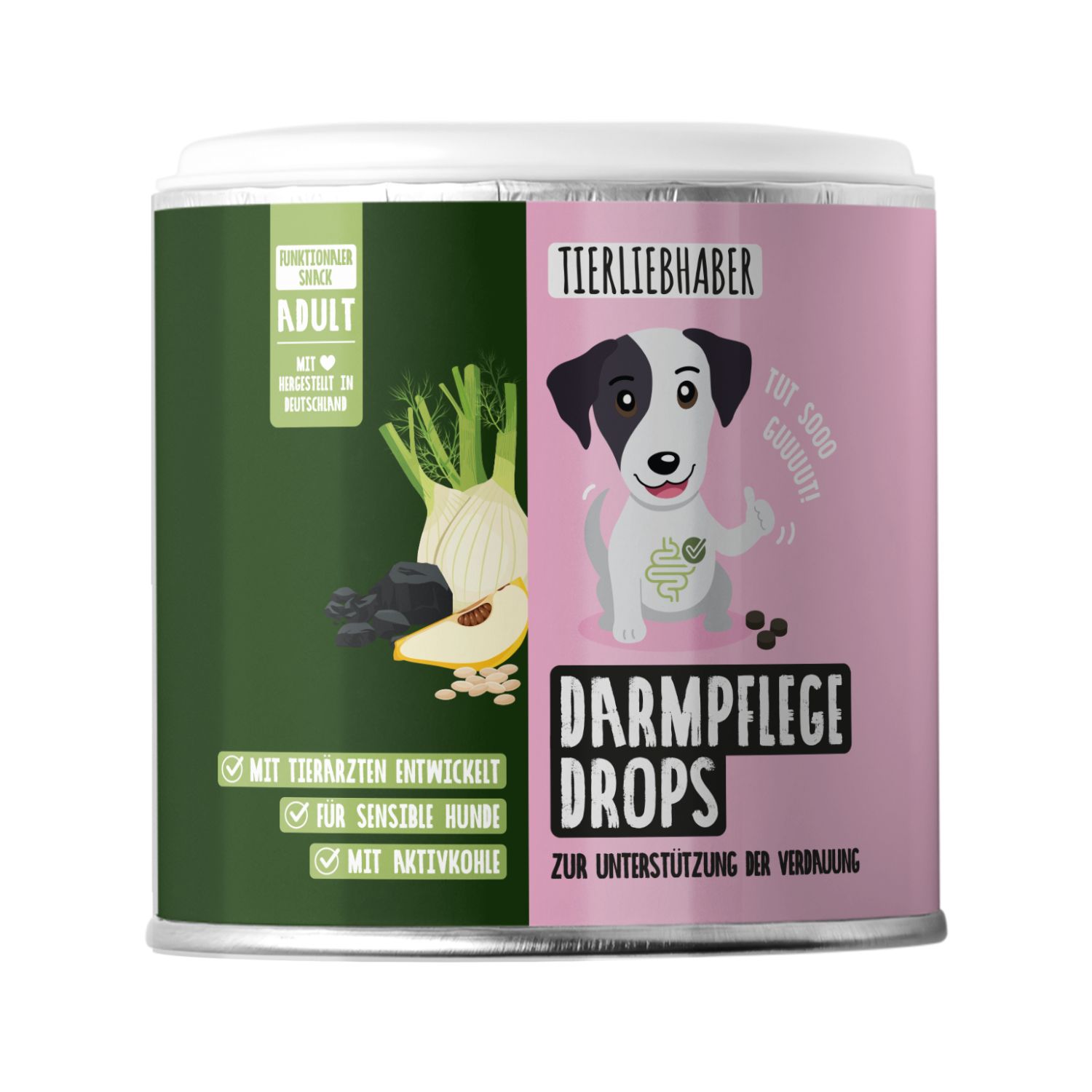Dose Tierliebhaber Darmpflege Drops mit Hundemotiv und Zutaten.