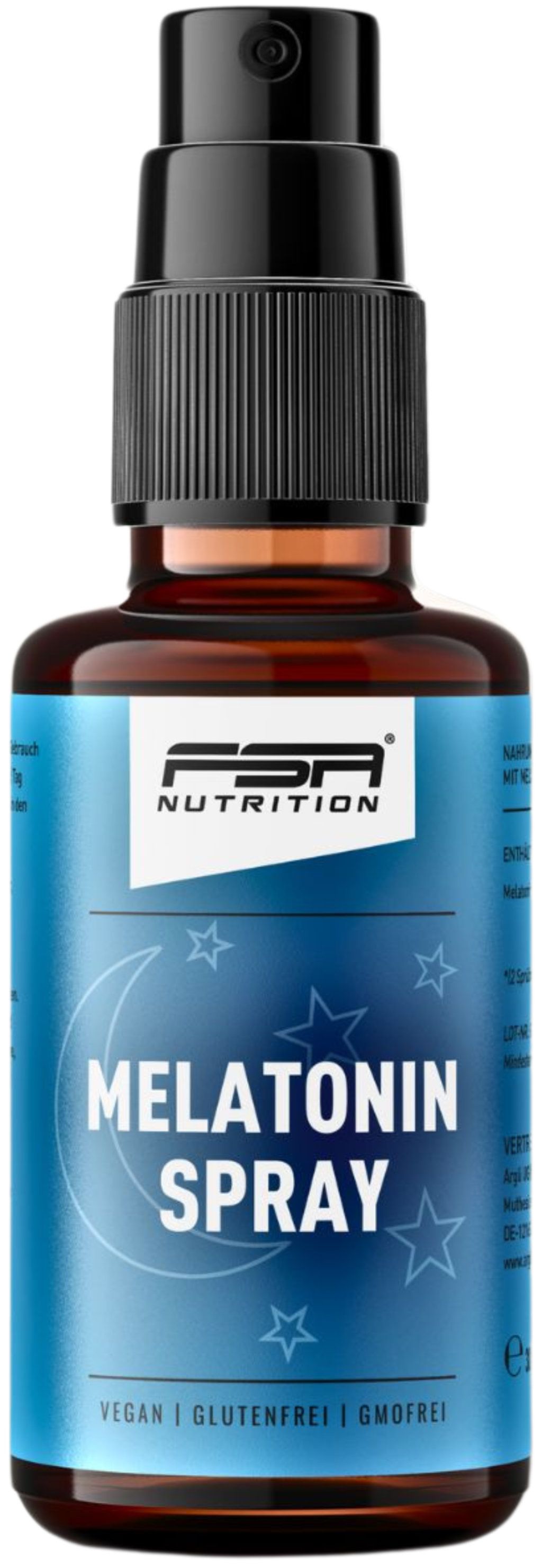 Braune Glasflasche mit schwarzem Sprühkopf. Blaues Etikett mit "FSA NUTRITION" und "Melatonin Spray". Sterne und Mond-Design. Vegan, glutenfrei, Gmo-frei.