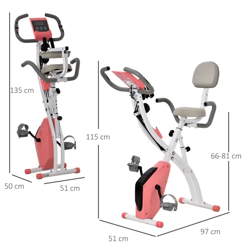 Fahrradtrainer, weiß-rosa, mit Größenangaben. Abmessungen: 135x50x51 cm, 115x51x97 cm, 66-81 cm hoch. Digitales Display.