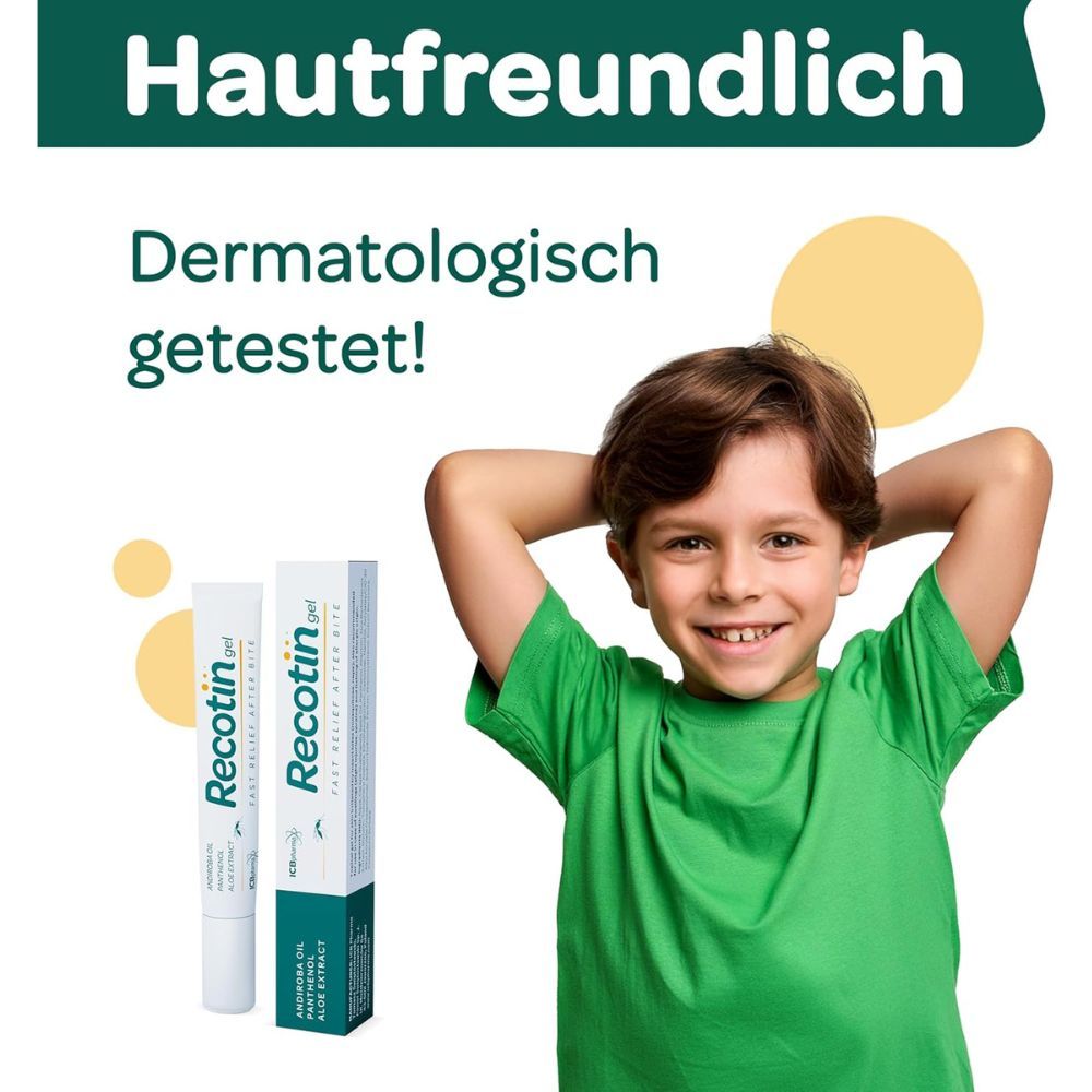 Kind mit grünem T-Shirt. Daneben Tube und Verpackung von Recotin Gel. Text: Hautfreundlich, dermatologisch getestet.