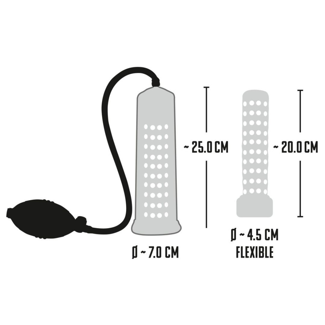 Diagramm mit Produktkomponenten und Maßen. Zylinder: 25,0 cm lang, 7,0 cm Durchmesser. Flexible Hülse: 20,0 cm lang, 4,5 cm Durchmesser.