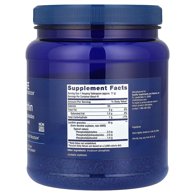 Blaue Dose mit weißem Etikett. Aufschrift: Life Extension, Lecithin, 97% Phosphatide, De-Oiled. Enthält Sojabohnen.