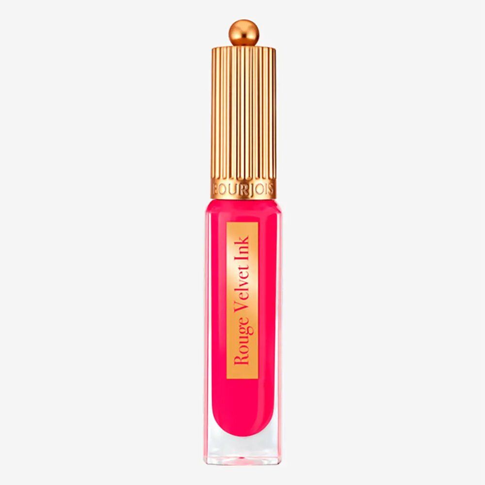 Pinkfarbener Lippenstift in einem transparenten, rechteckigen Behälter mit goldfarbenem Deckel. Text: "Rouge Velvet Ink".
