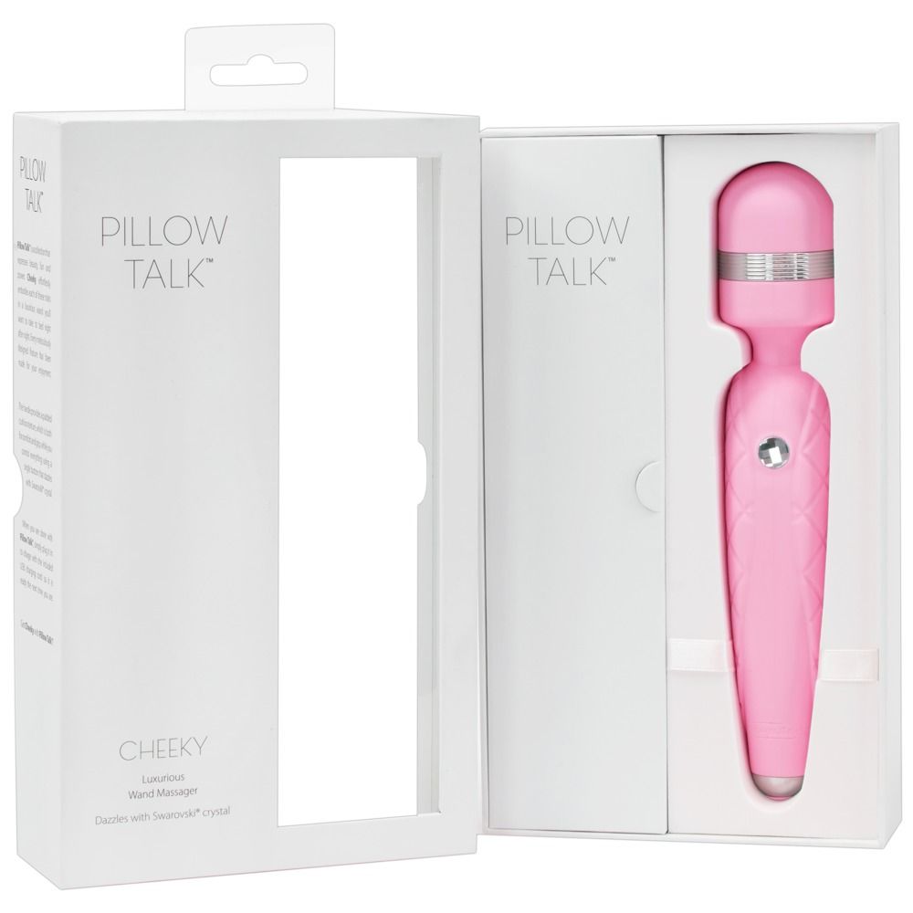 Geöffnete Verpackung mit einem rosa PILLOW TALK Cheeky Vibrationsstab.