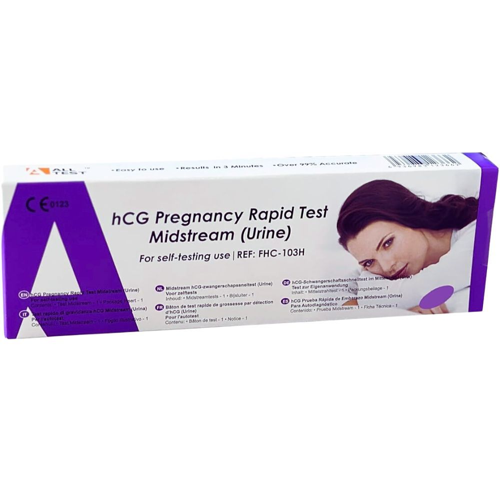 Verpackung mit hCG Schwangerschafts-Schnelltest. Lila und weiß. Enthält Teststreifen. CE-Kennzeichnung. Frau auf der Verpackung.