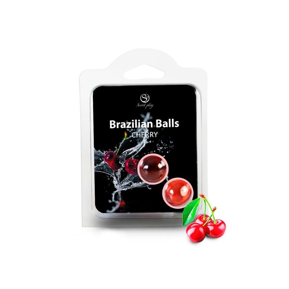 Verpackung mit zwei roten Kugeln, Kirschen und Spritzwasser-Design. Produktname: Brazilian Balls Cherry.