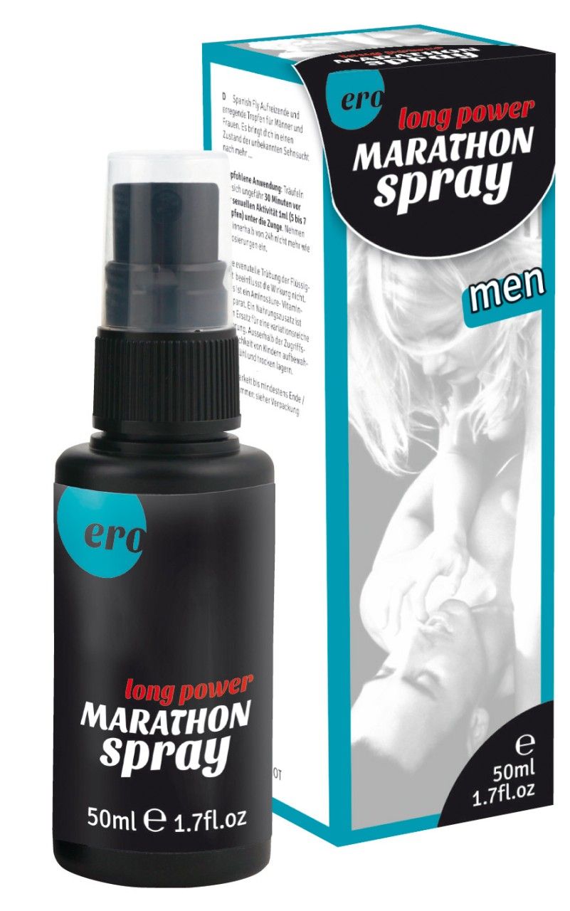 Produktflasche und Verpackung. Flasche: Marathon Spray, 50ml. Verpackung: Marathon Spray, men. Blau und schwarz.