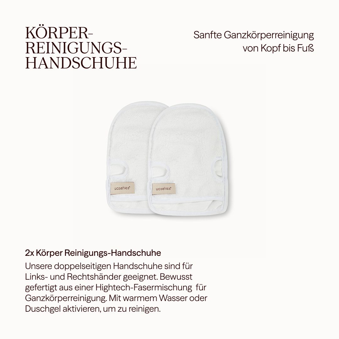 Zwei weiße Waschies-Handschuhe nebeneinander. Text: Körperreinigungs-Handschuhe. Doppelseitiges Design für Links- und Rechtshänder.