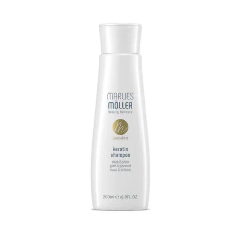 Weiße Shampoo-Flasche mit Aufschrift Marlies Möller Keratin Shampoo. Volumen: 200ml.