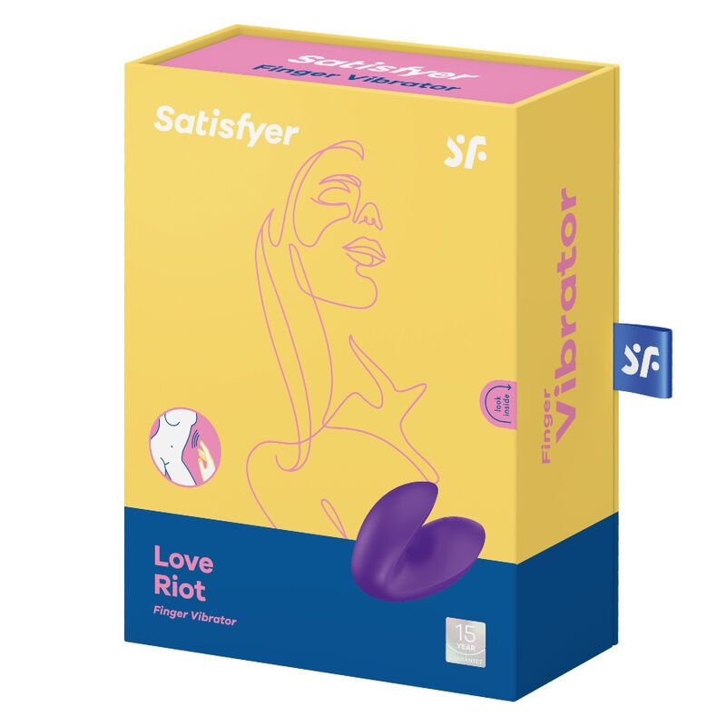 Verpackung des Fingervibrators. Gelber Hintergrund, lila Produktabbildung. Marke: Satisfyer, Produktname: Love Riot.