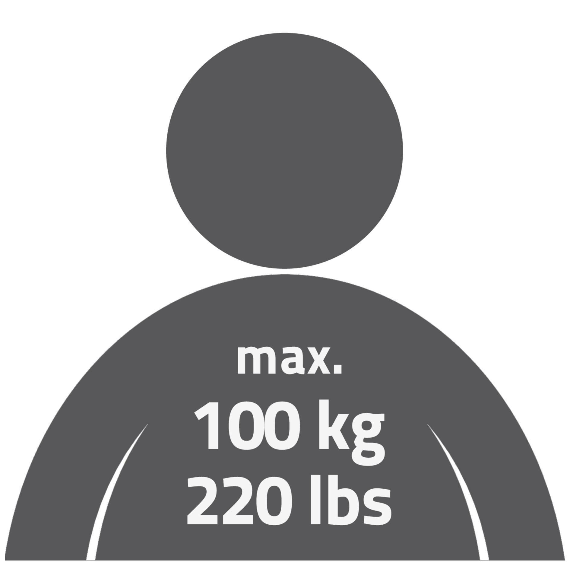 Graue Silhouette einer Person mit Text: max. 100 kg / 220 lbs.