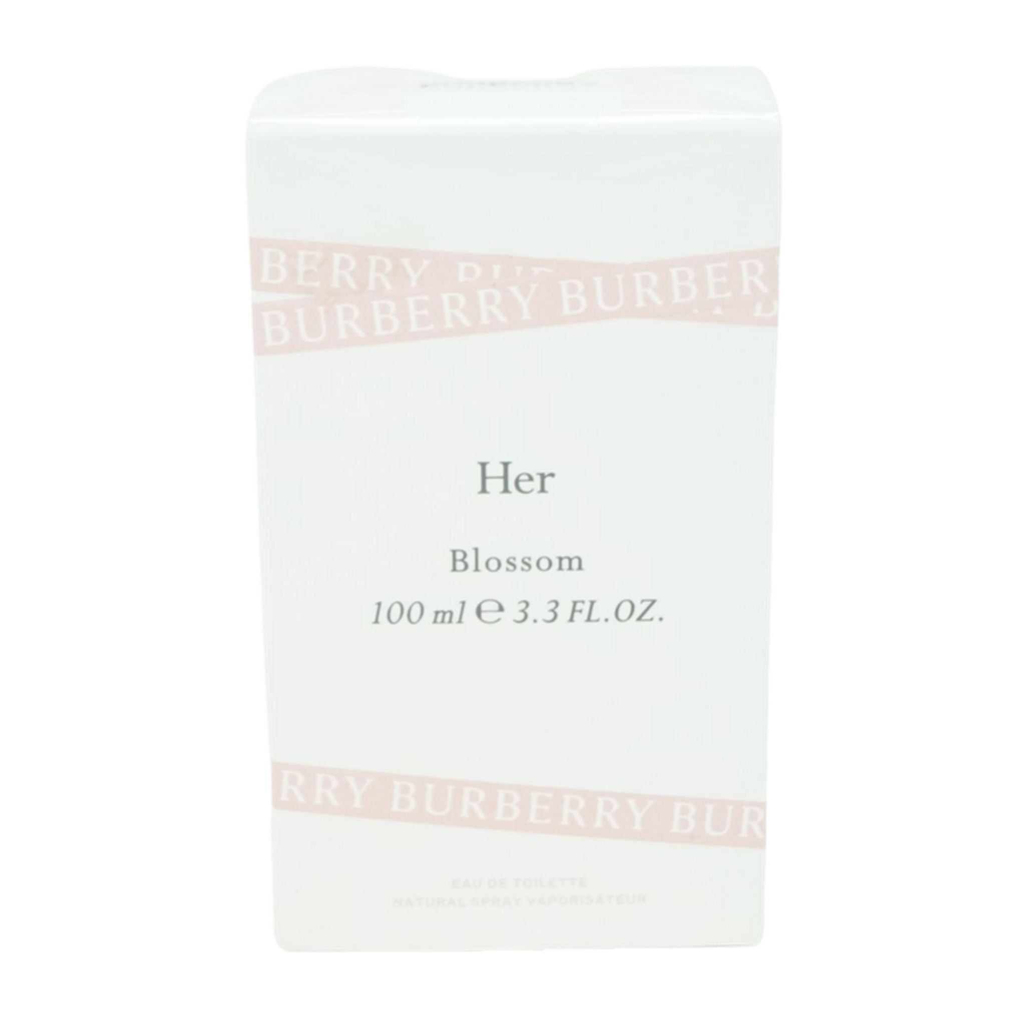 Weiße Verpackung mit rosa Schriftzug. Aufschrift: Her Blossom, 100 ml, 3.3 FL.OZ. Burberry-Logo.