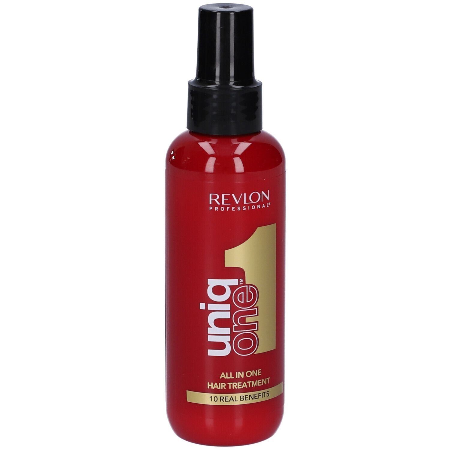 Rote Flasche mit schwarzem Sprühkopf. Aufschrift: Uniq One, All in One Hair Treatment. Goldene Nummer 1.
