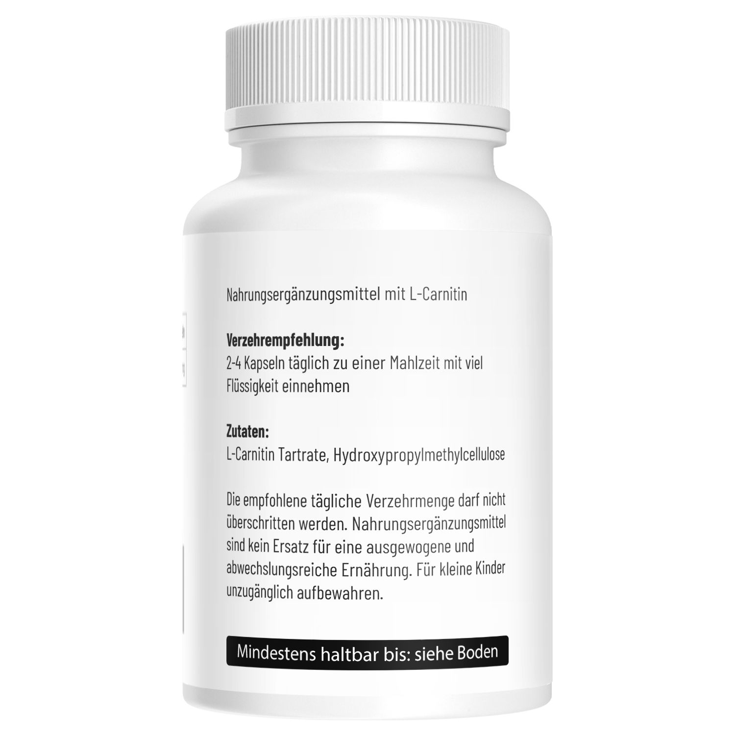 Rückseite einer weißen Kapselverpackung mit Verzehrempfehlung, Zutaten und Warnhinweisen.