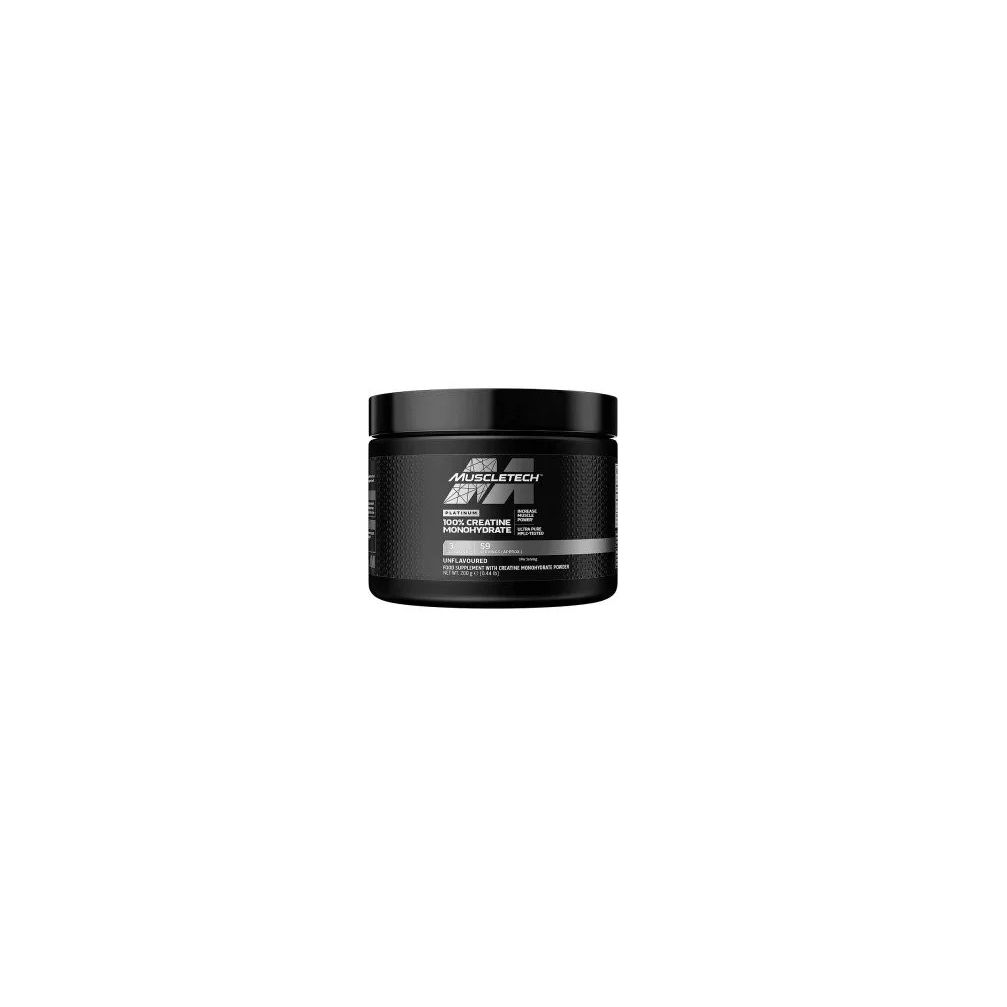 Schwarze Dose mit dem Logo von MuscleTech. Aufschrift: 100% Kreatin-Monohydrat. Produktverpackung.