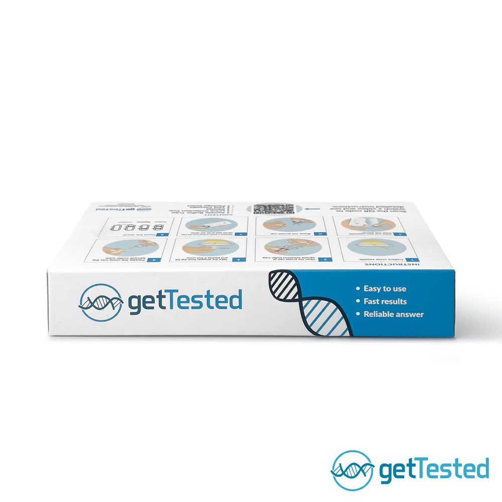 GetTested Chlamydien-Test-Box. Enthält Anweisungen in Bildern und QR-Code. Auflistung der Testkomponenten.