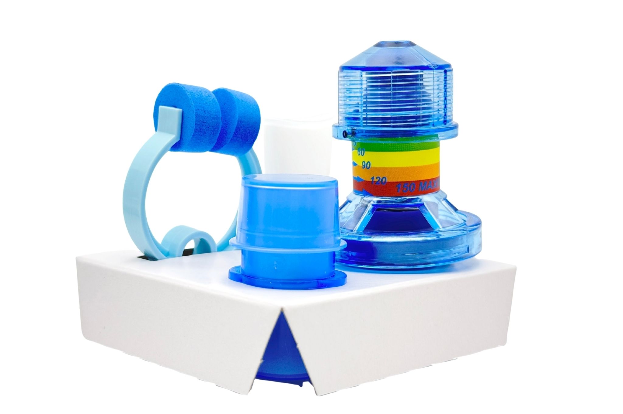 Atemmuskeltrainer-Set in einer Verpackung mit Mundstück, Nasenklemme und Behältern.