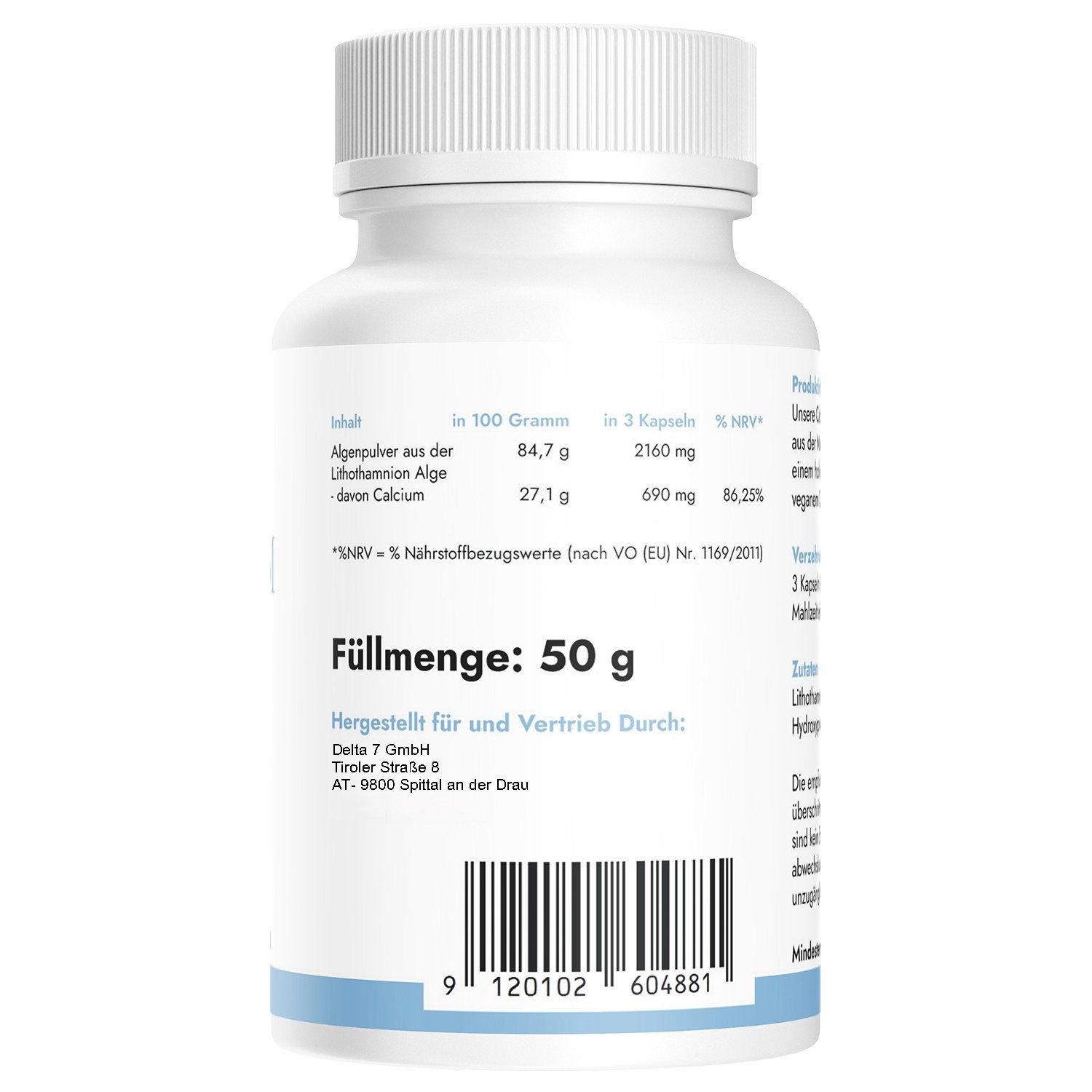 Rückseite der Flasche mit Kapseln. Nährwertangaben, Füllmenge: 50 g. Herstellerinformationen, Barcode.