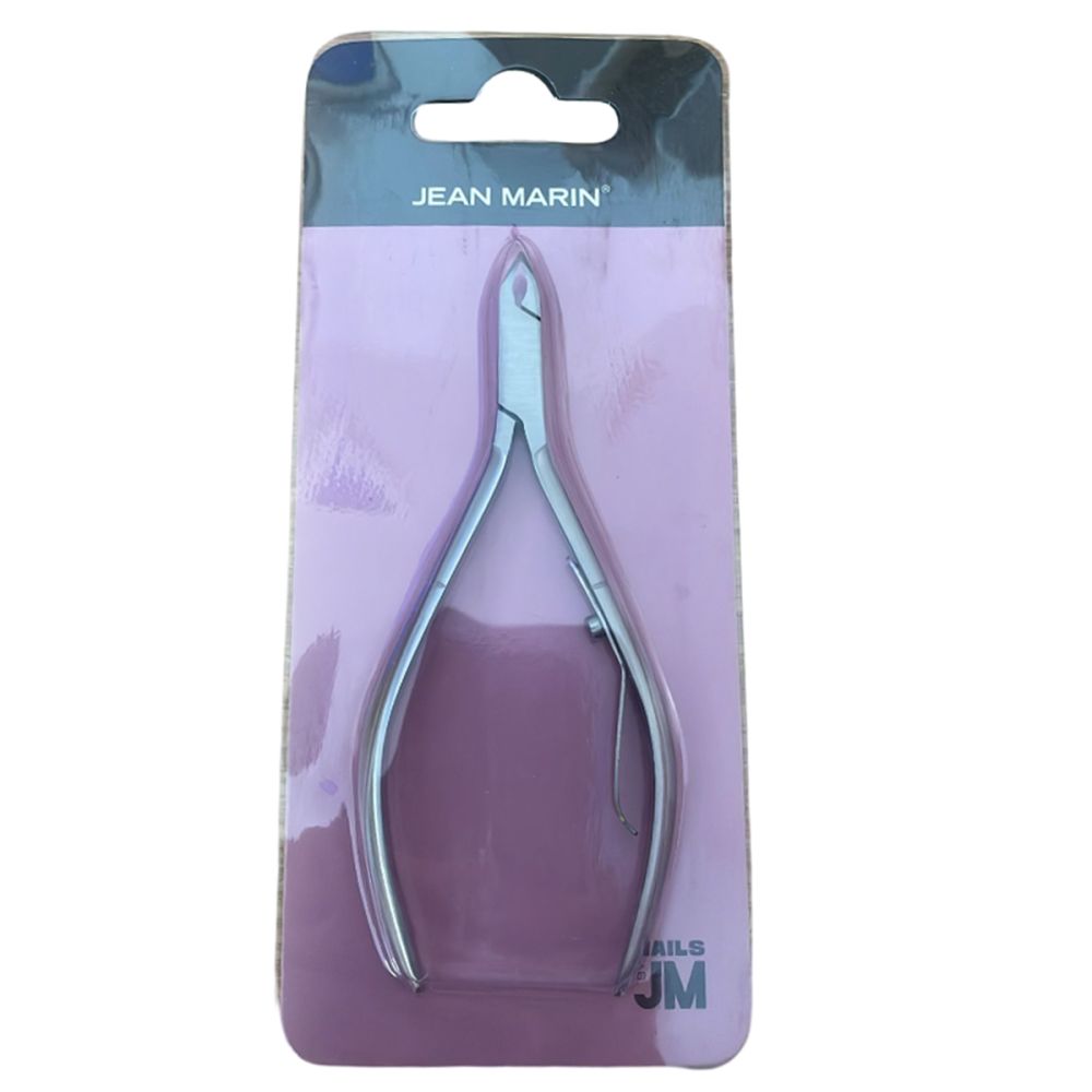 Nagelhautzange in Verpackung. Marke Jean Marin. Silberfarbenes Metall. Auf rosa Karte.