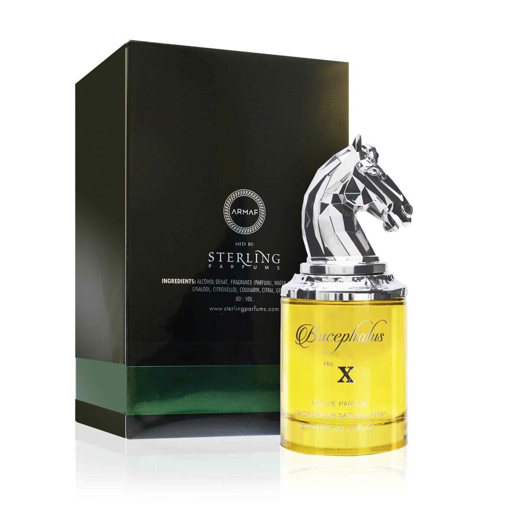 Parfümflakon mit silbernem Pferdekopf-Deckel und schwarzer Verpackung. Aufschrift: Bucephalus X, Sterling Parfums.