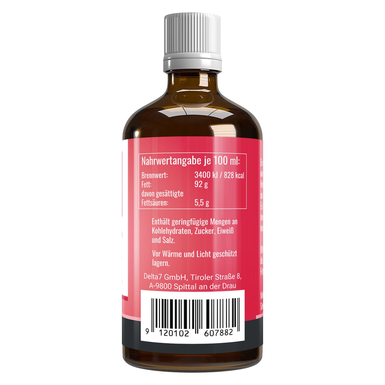 Braune Glasflasche mit weißem Deckel. Rotes Etikett mit Nährwertangaben. Barcode unten.