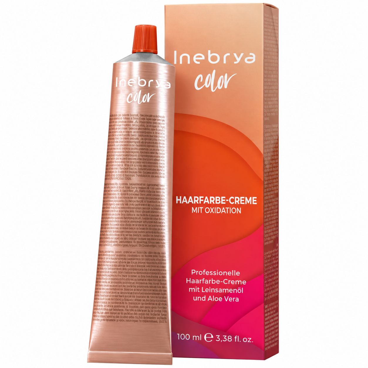 Inebrya Color Haarfarbe-Creme mit Oxidation, 100 ml Tube und orangefarbener Faltschachtel.