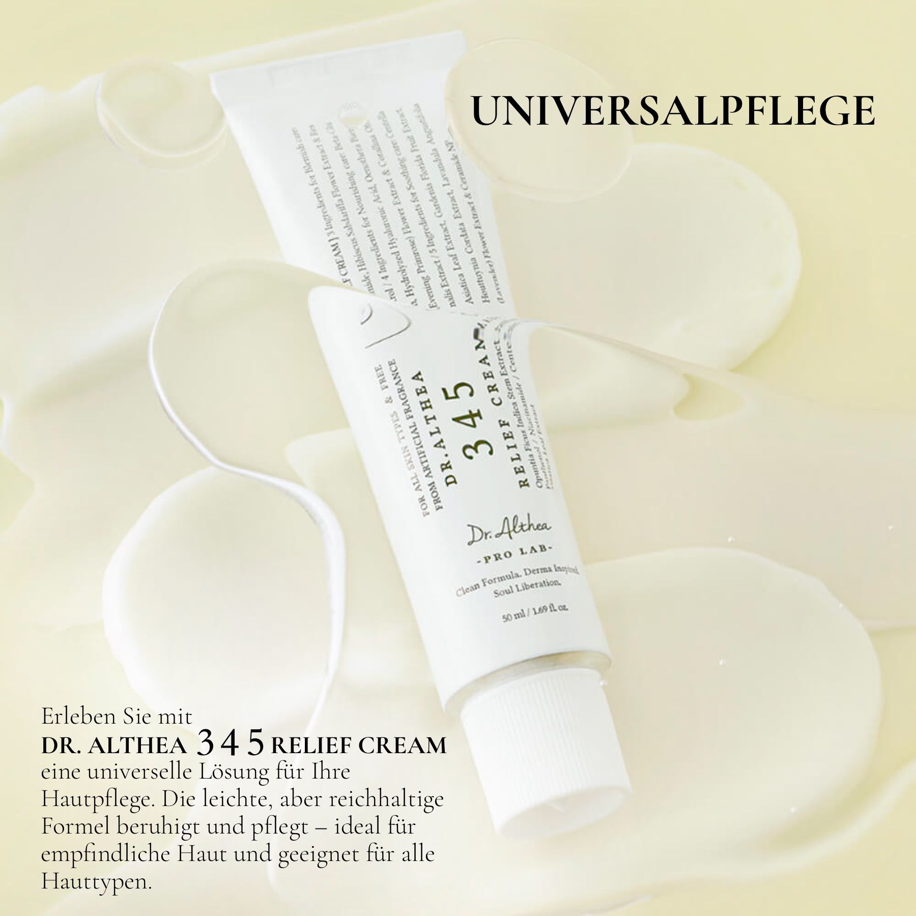 Zwei Tuben Dr. Althea 345 Relief Cream. Text: Universelle Pflege. Leichte, reichhaltige Formel für empfindliche Haut.
