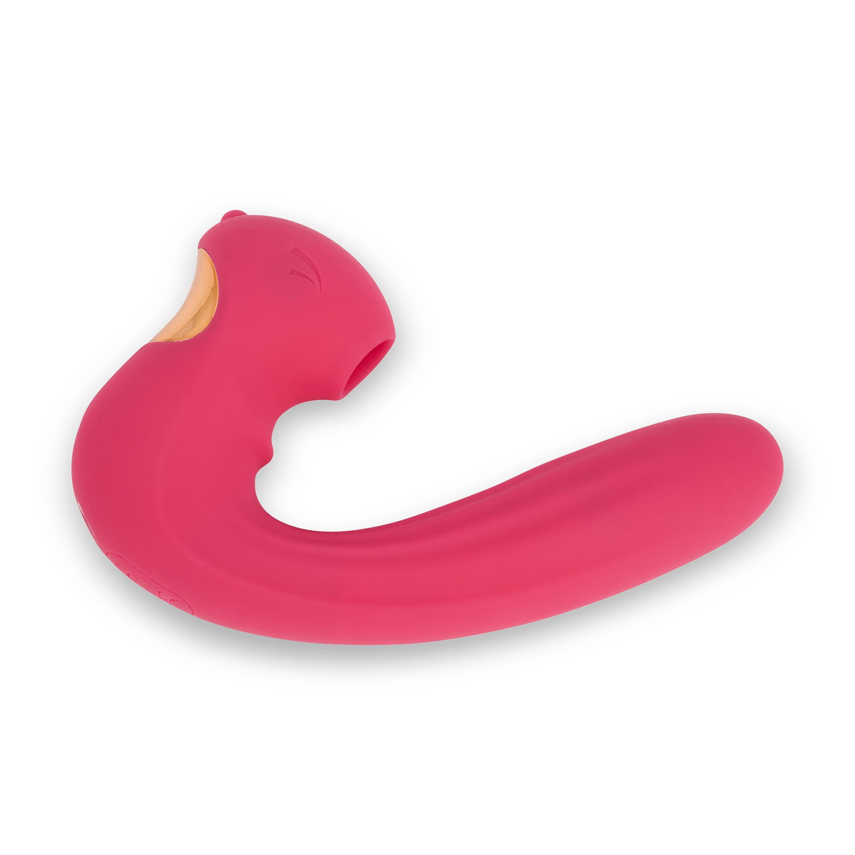 Rosa Vibrator mit gebogener Form. Sichtbare Öffnung an der Spitze. Goldfarbener Akzent.
