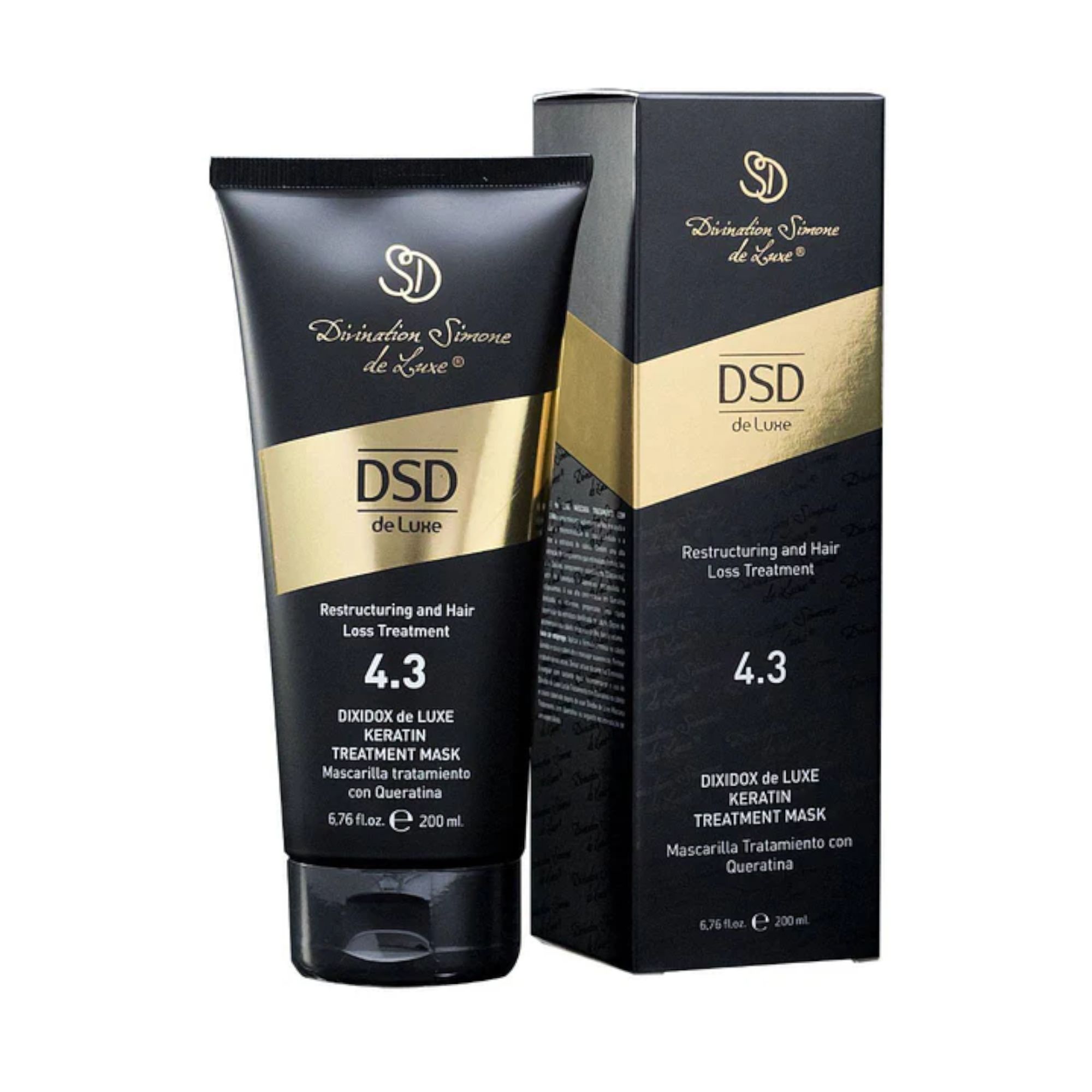 Schwarze Tube und Schachtel mit goldfarbenen Akzenten. Aufschrift: DSD de Luxe, 4.3 Keratin Treatment Mask. Produktverpackung.