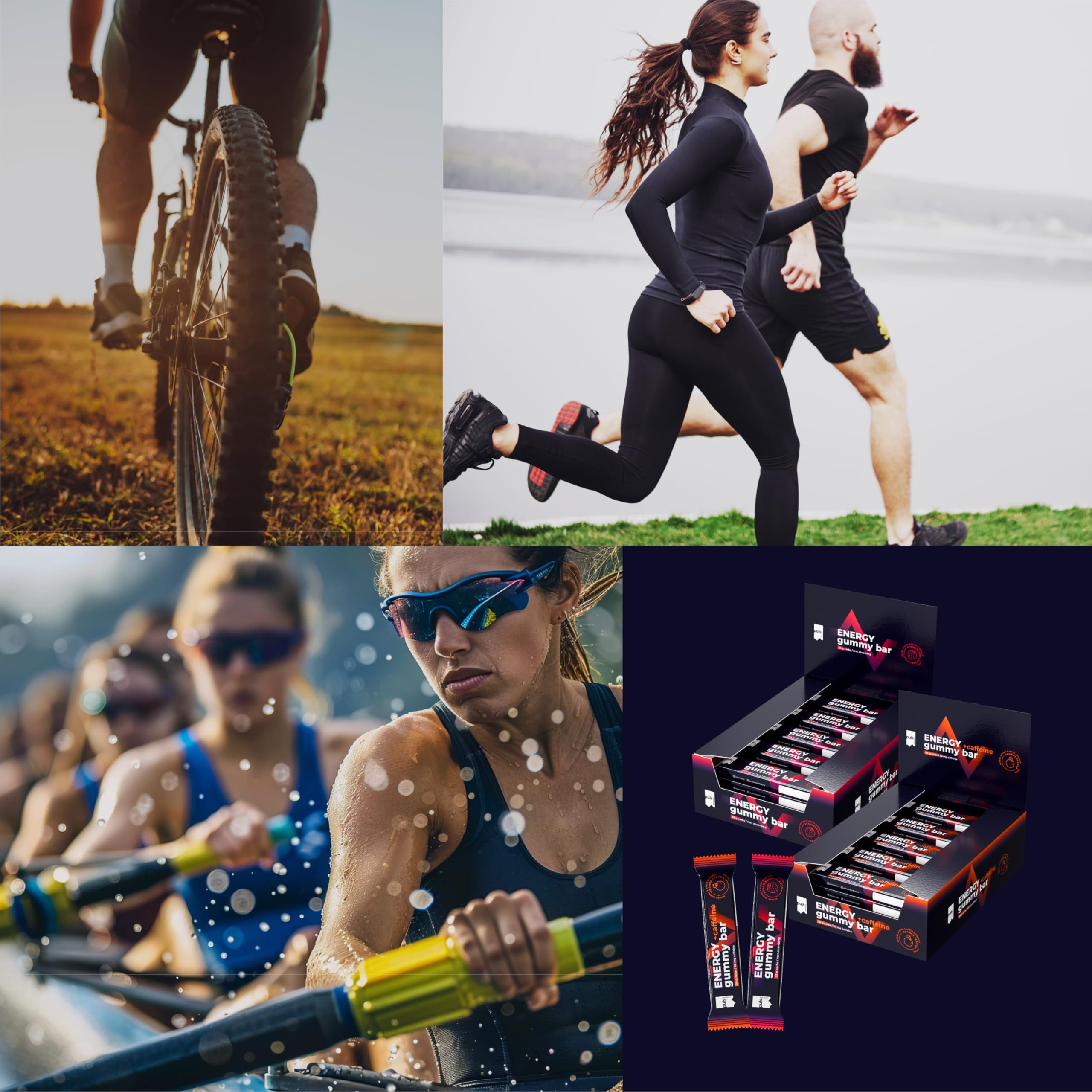 Collage von Sportlern beim Radfahren, Laufen, Rudern und einer Auslage von Energy Gummy Bars.