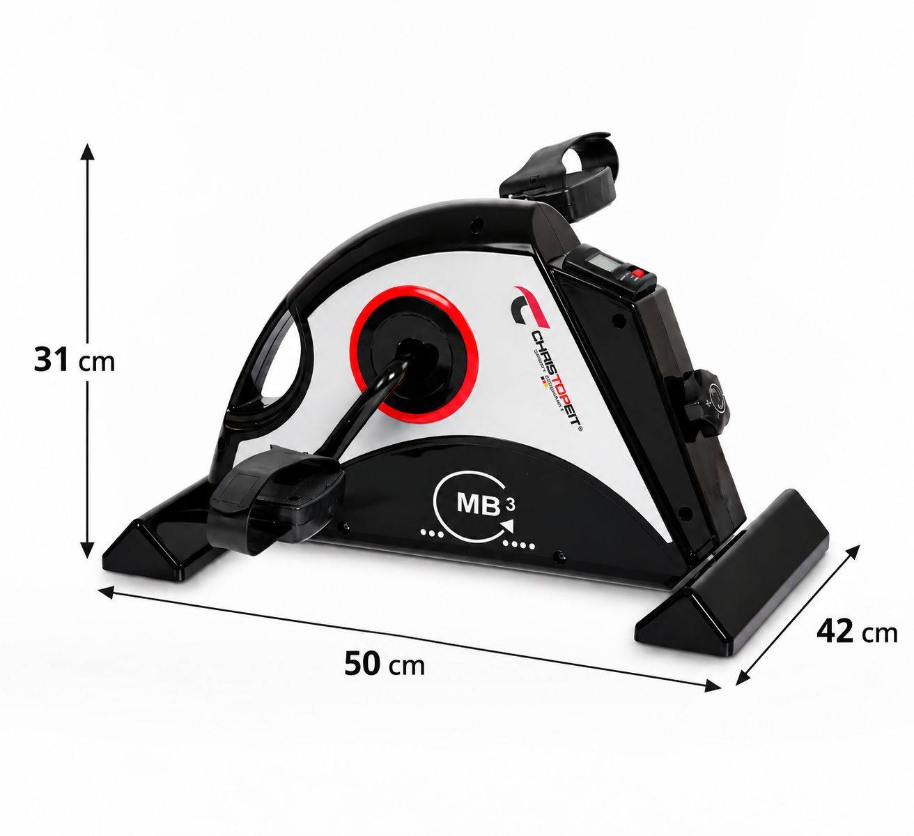 Heimtrainer MB 3 mit Maßen: 50 cm Länge, 42 cm Breite, 31 cm Höhe.