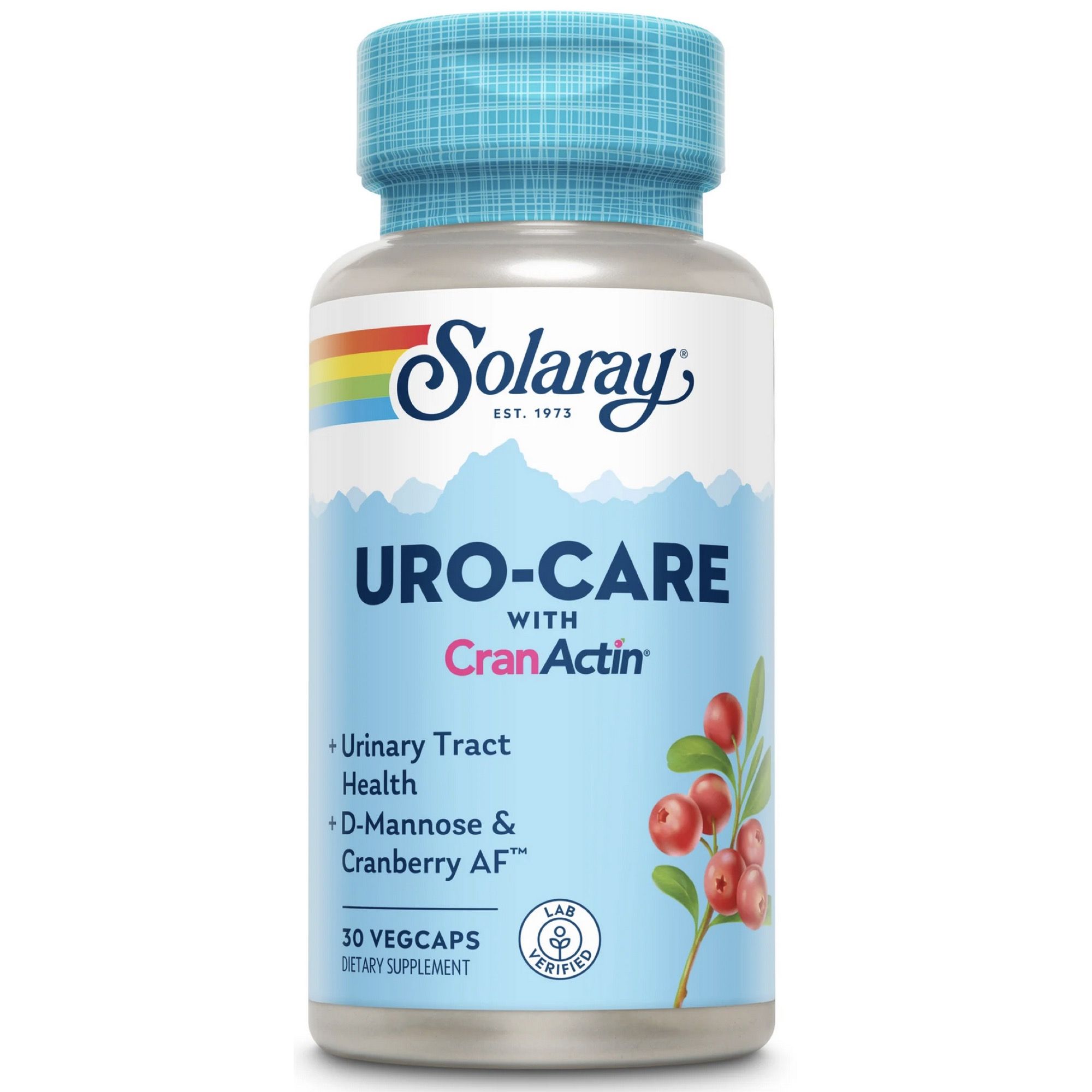 Solaray Uro-Care mit CranActin. Flasche mit 30 Vegcaps. Aufschrift: Urinary Tract Health, D-Mannose & Cranberry AF. Laborgeprüft.